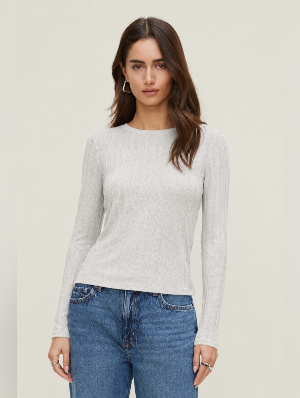 Dynamite Light Gray Ribbed Long Sleeve Top | Size Small